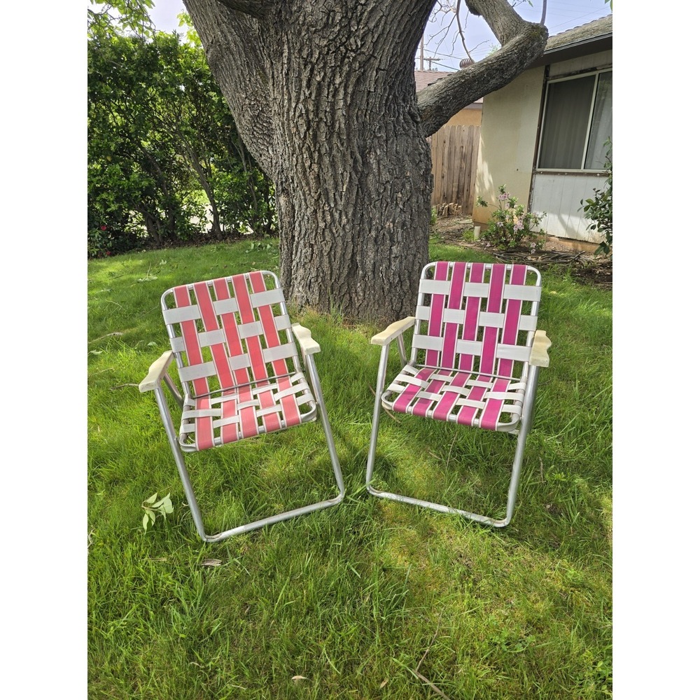 2 Vintage Webbed Aluminum Folding Beach Lawn Patio Chairs Pink And Purple Retro
